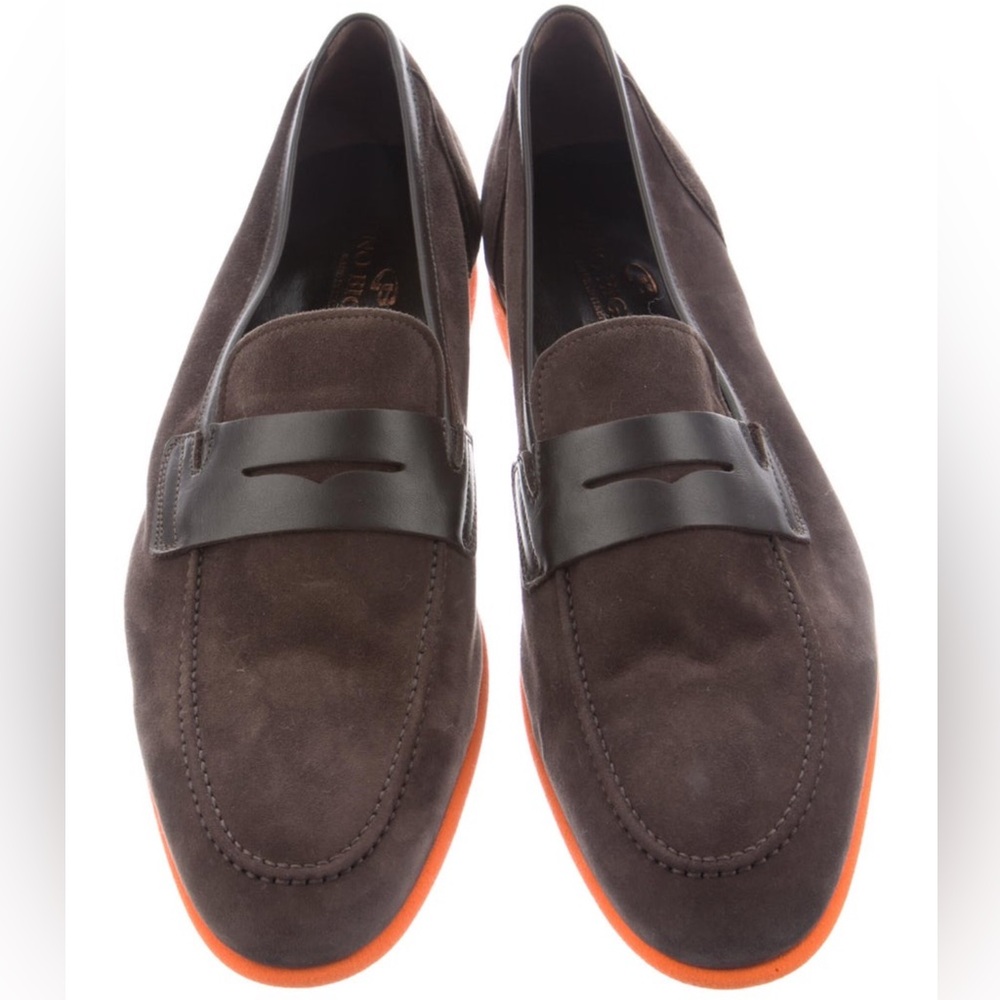 Dino Bigioni Suede Dress Brown Loafers with Orange Sole - Size 10